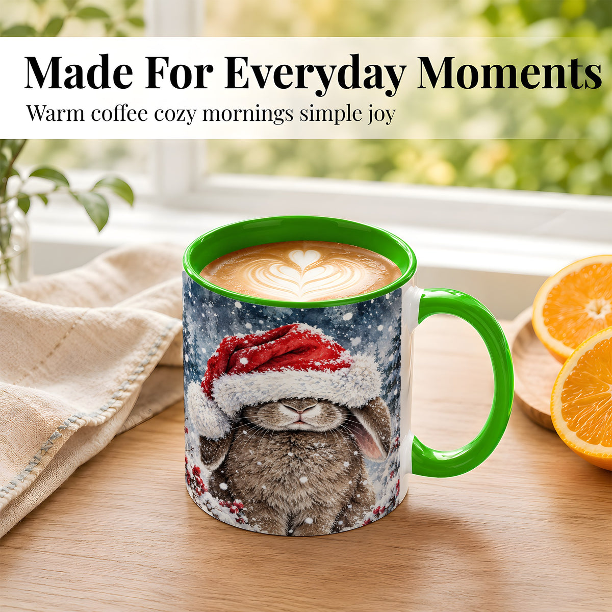 #pl[11oz|Green] Christmas Bunny Coffee Mug, Snowy Rabbit Mug, Ceramic Cup