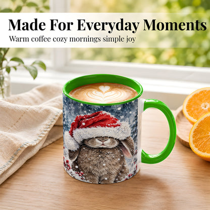 #pl[11oz|Green] Christmas Bunny Coffee Mug, Snowy Rabbit Mug, Ceramic Cup