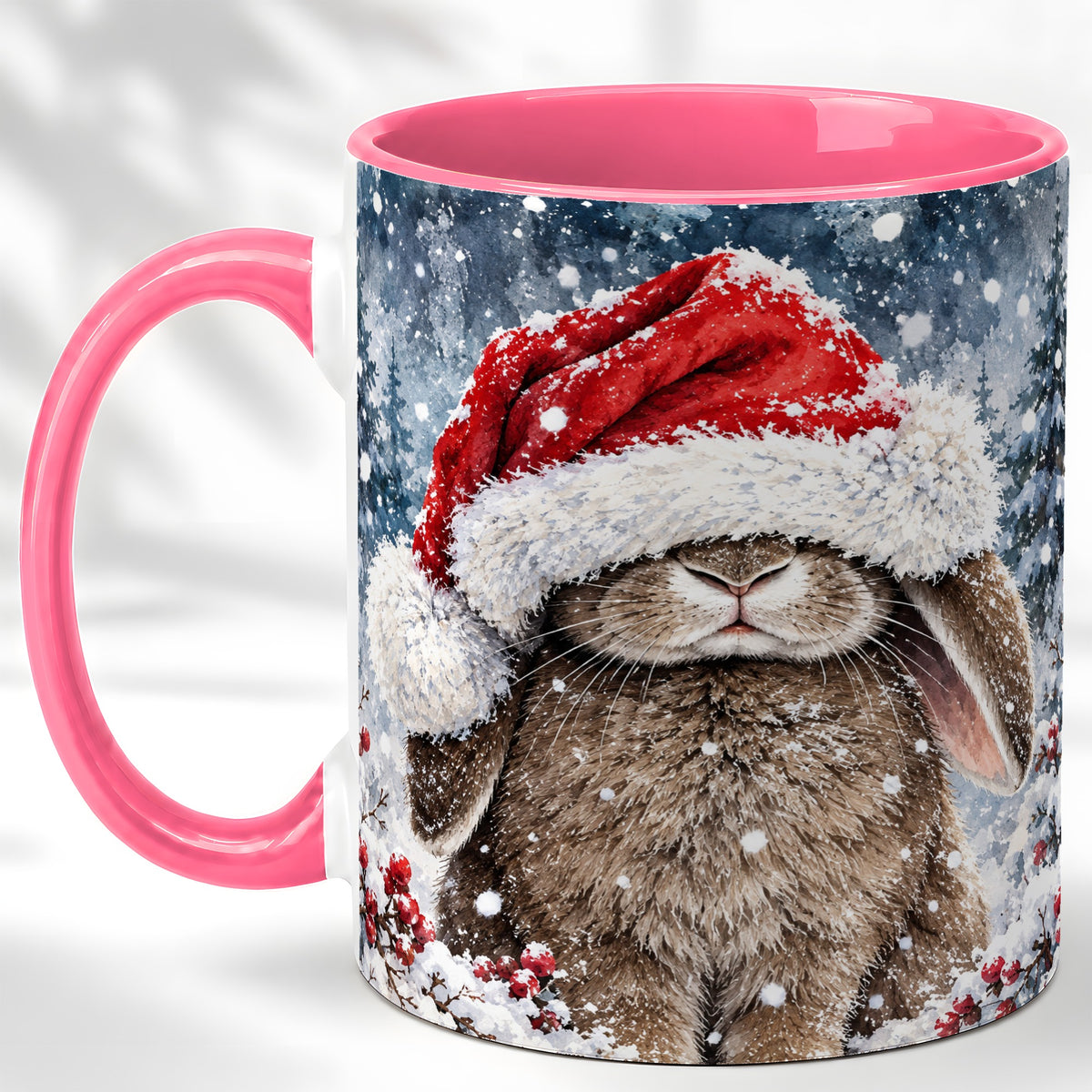 #pl[11oz|Pink] Christmas Bunny Coffee Mug, Snowy Rabbit Mug, Ceramic Cup