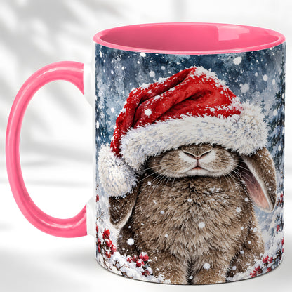 #pl[11oz|Pink] Christmas Bunny Coffee Mug, Snowy Rabbit Mug, Ceramic Cup