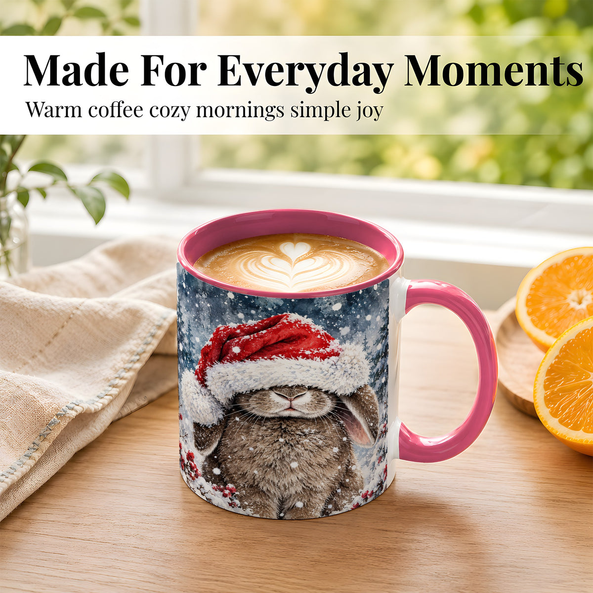 #pl[11oz|Pink] Christmas Bunny Coffee Mug, Snowy Rabbit Mug, Ceramic Cup