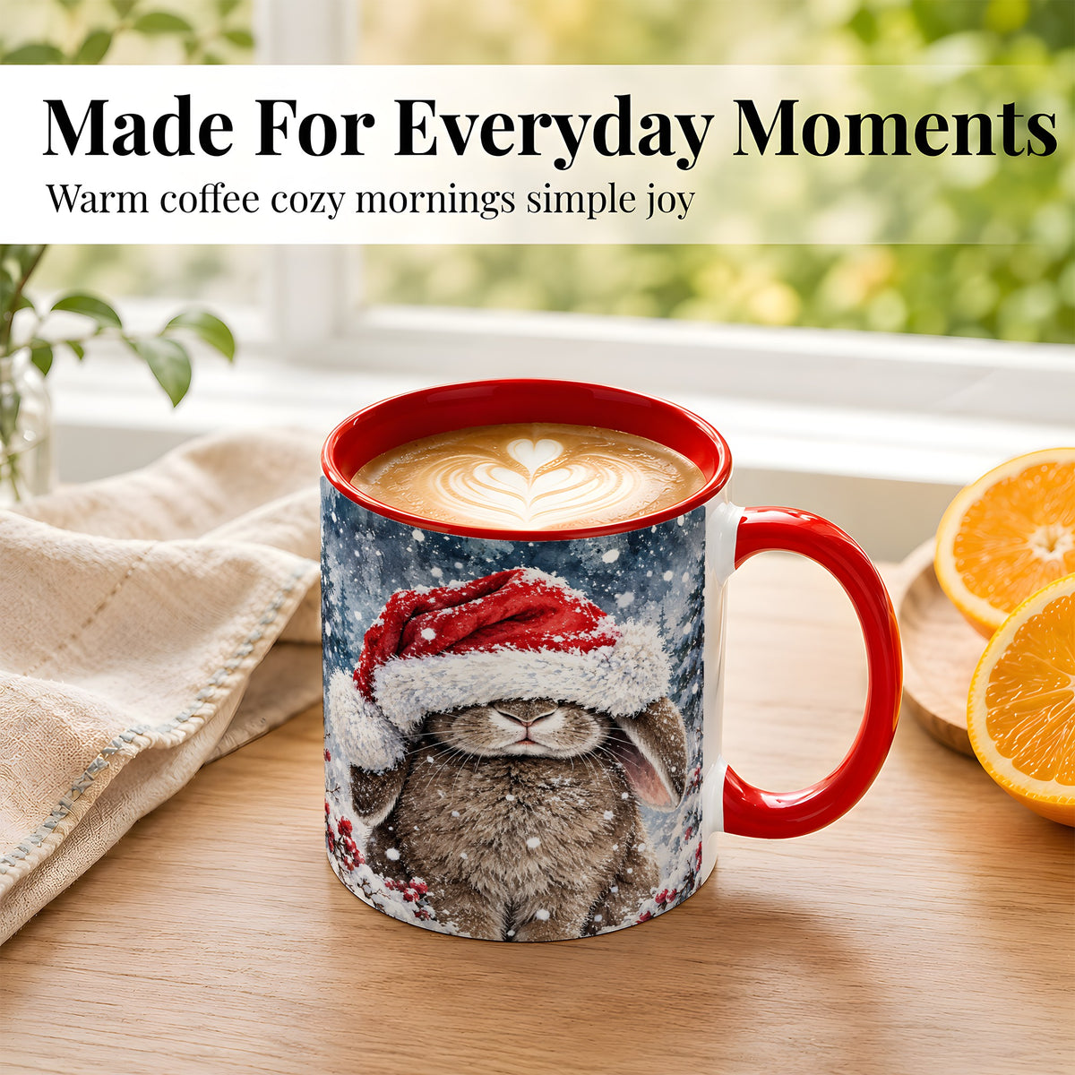 #pl[11oz|Red] Christmas Bunny Coffee Mug, Snowy Rabbit Mug, Ceramic Cup