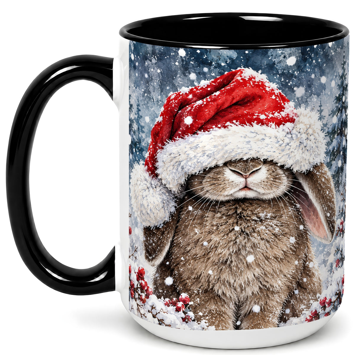 #pl[15oz|Black] Christmas Bunny Coffee Mug, Snowy Rabbit Mug, Ceramic Cup