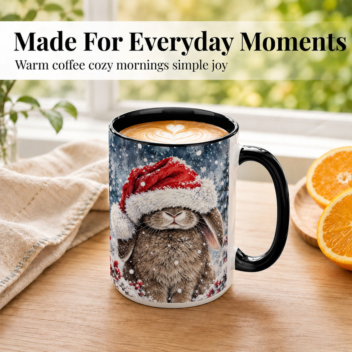 #pl[15oz|Black] Christmas Bunny Coffee Mug, Snowy Rabbit Mug, Ceramic Cup