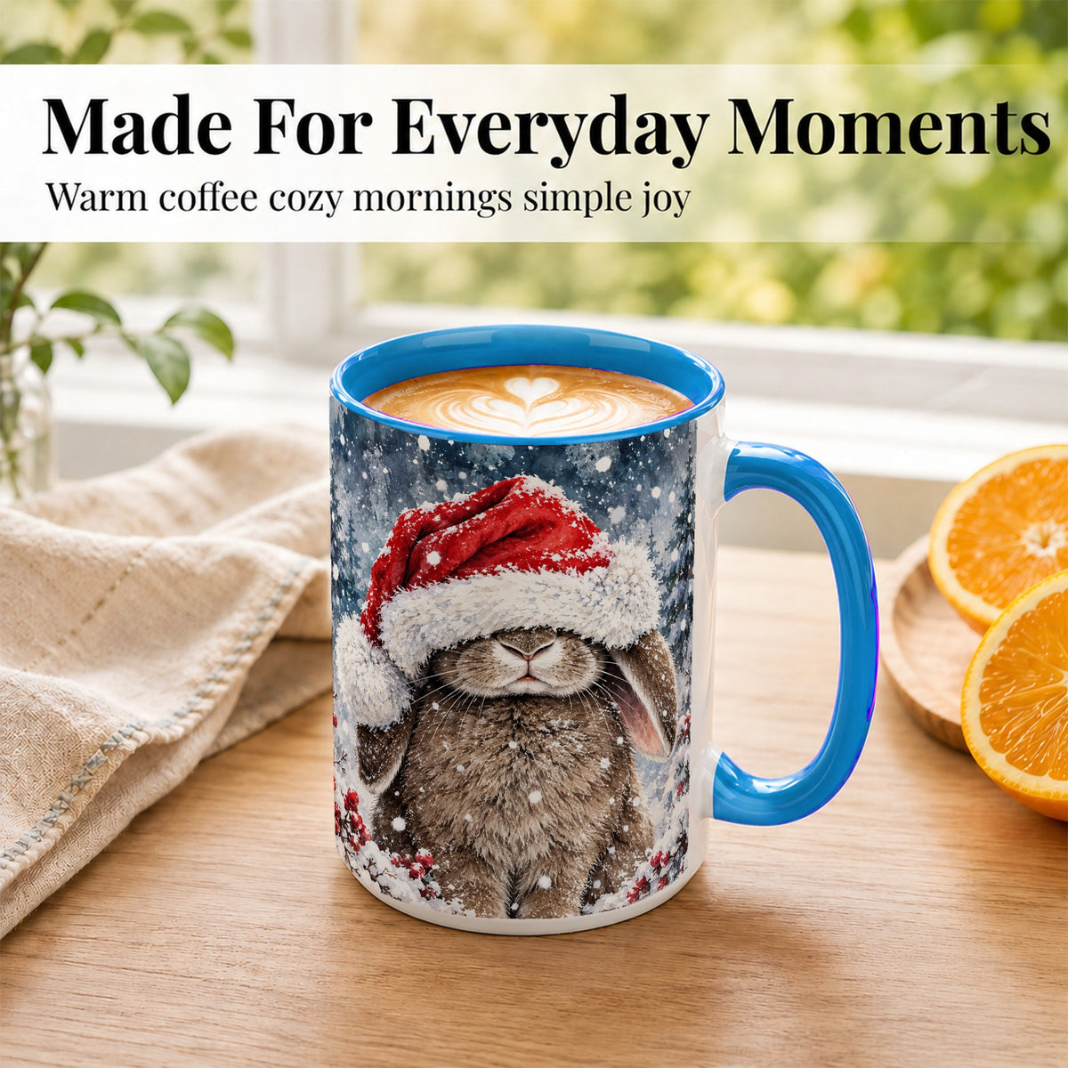 #pl[15oz|Blue] Christmas Bunny Coffee Mug, Snowy Rabbit Mug, Ceramic Cup