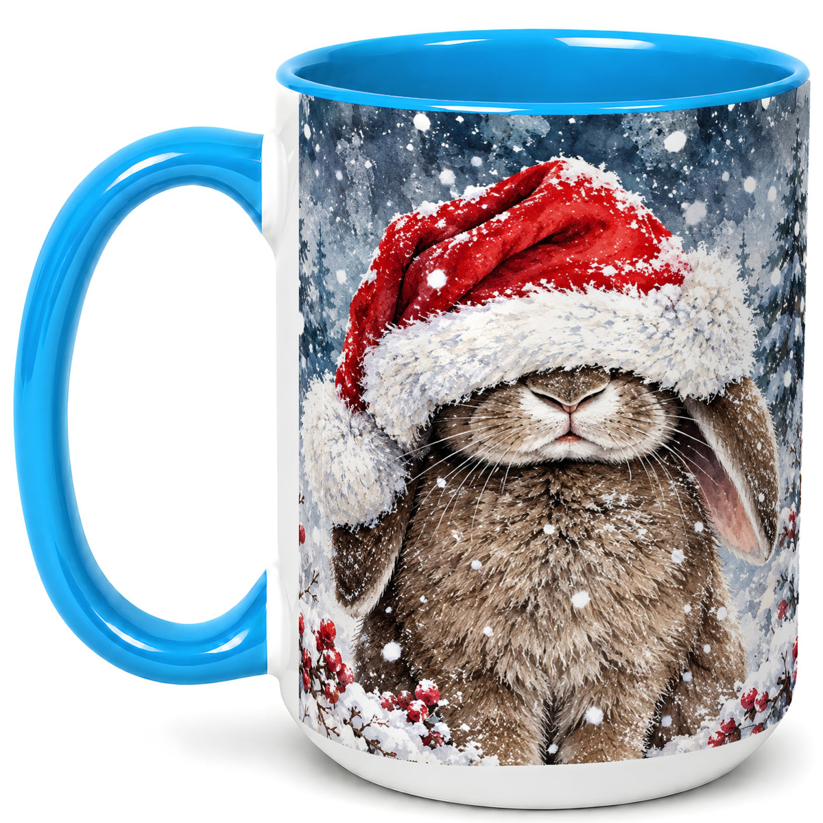 #pl[15oz|Blue] Christmas Bunny Coffee Mug, Snowy Rabbit Mug, Ceramic Cup