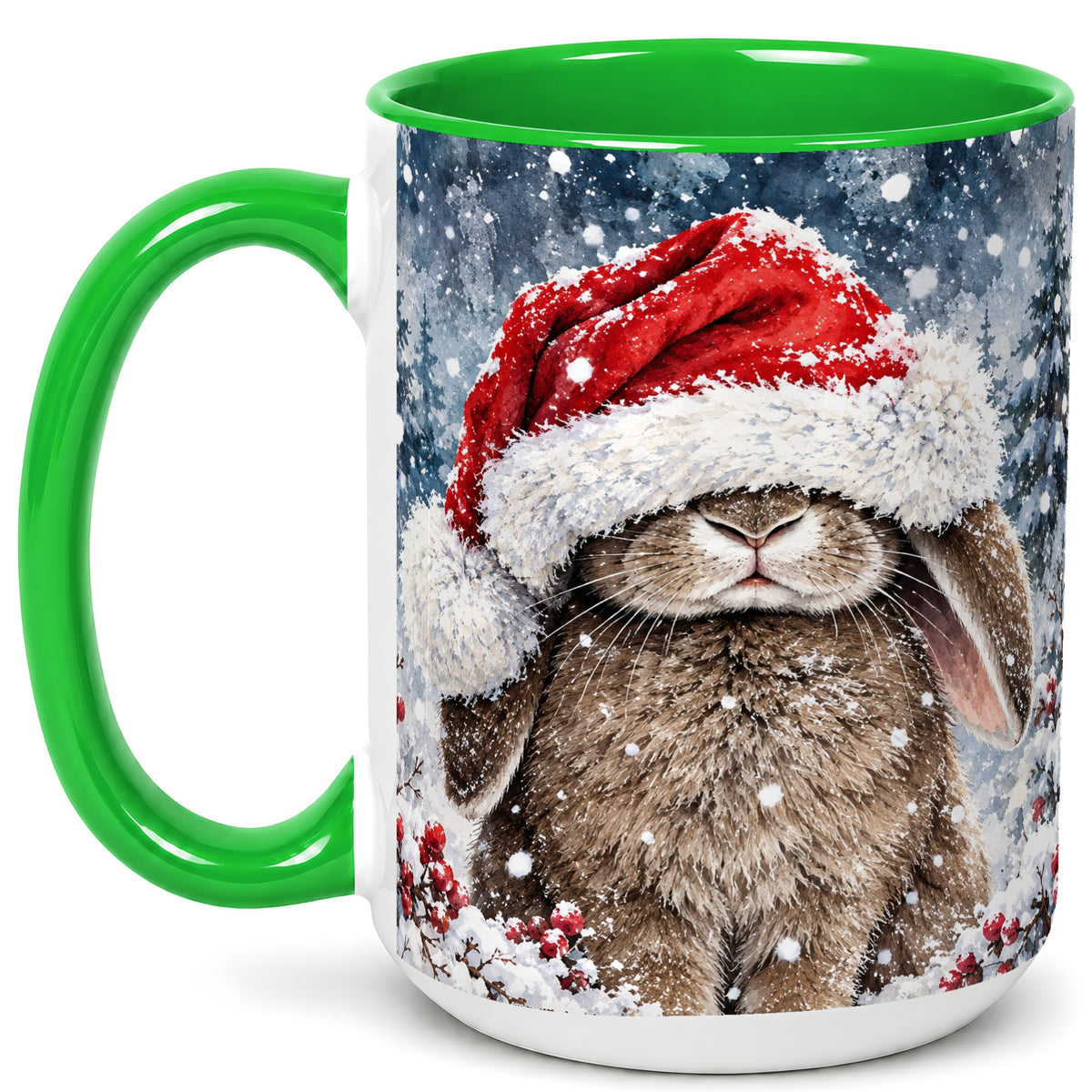 #pl[15oz|Green] Christmas Bunny Coffee Mug, Snowy Rabbit Mug, Ceramic Cup