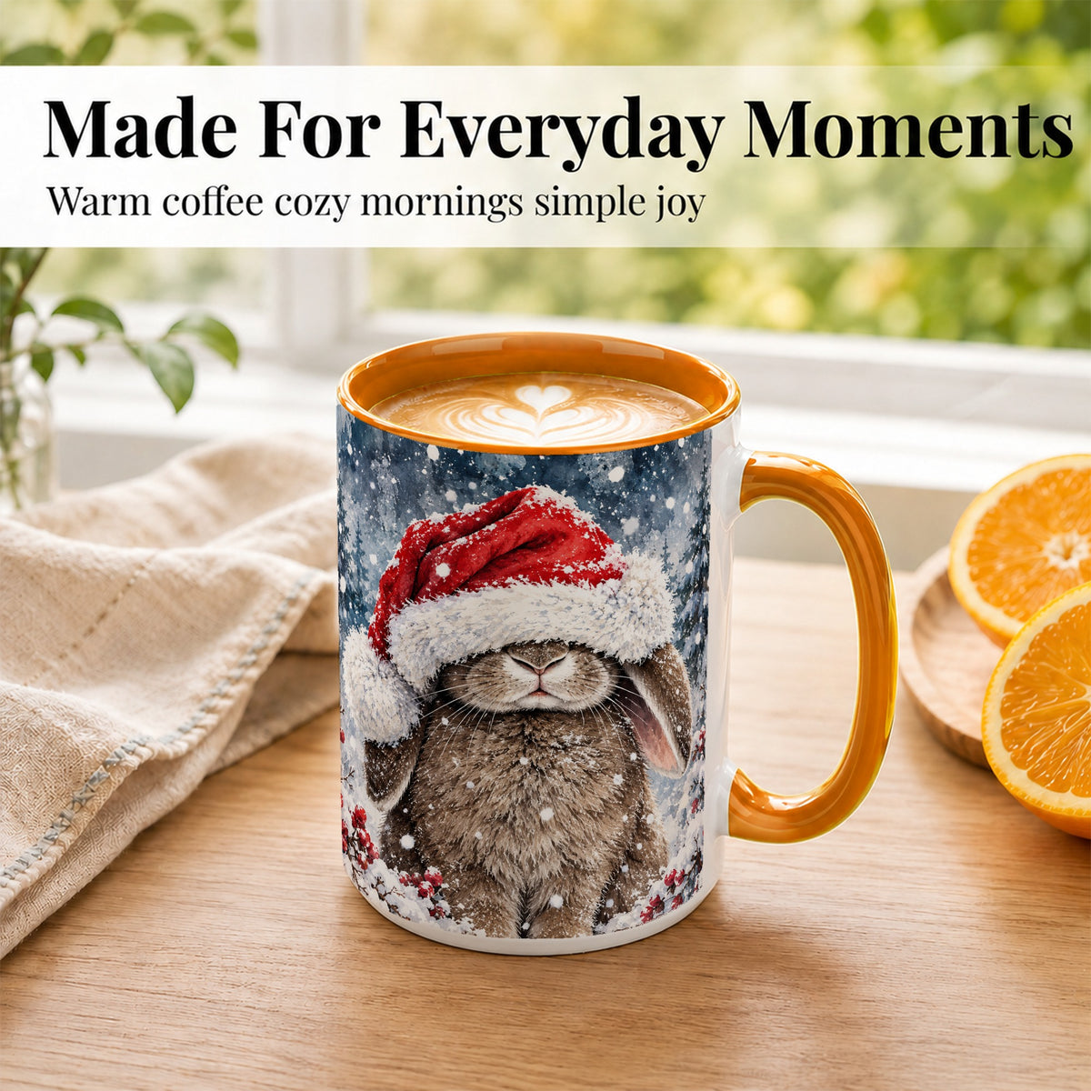 #pl[15oz|Orange] Christmas Bunny Coffee Mug, Snowy Rabbit Mug, Ceramic Cup