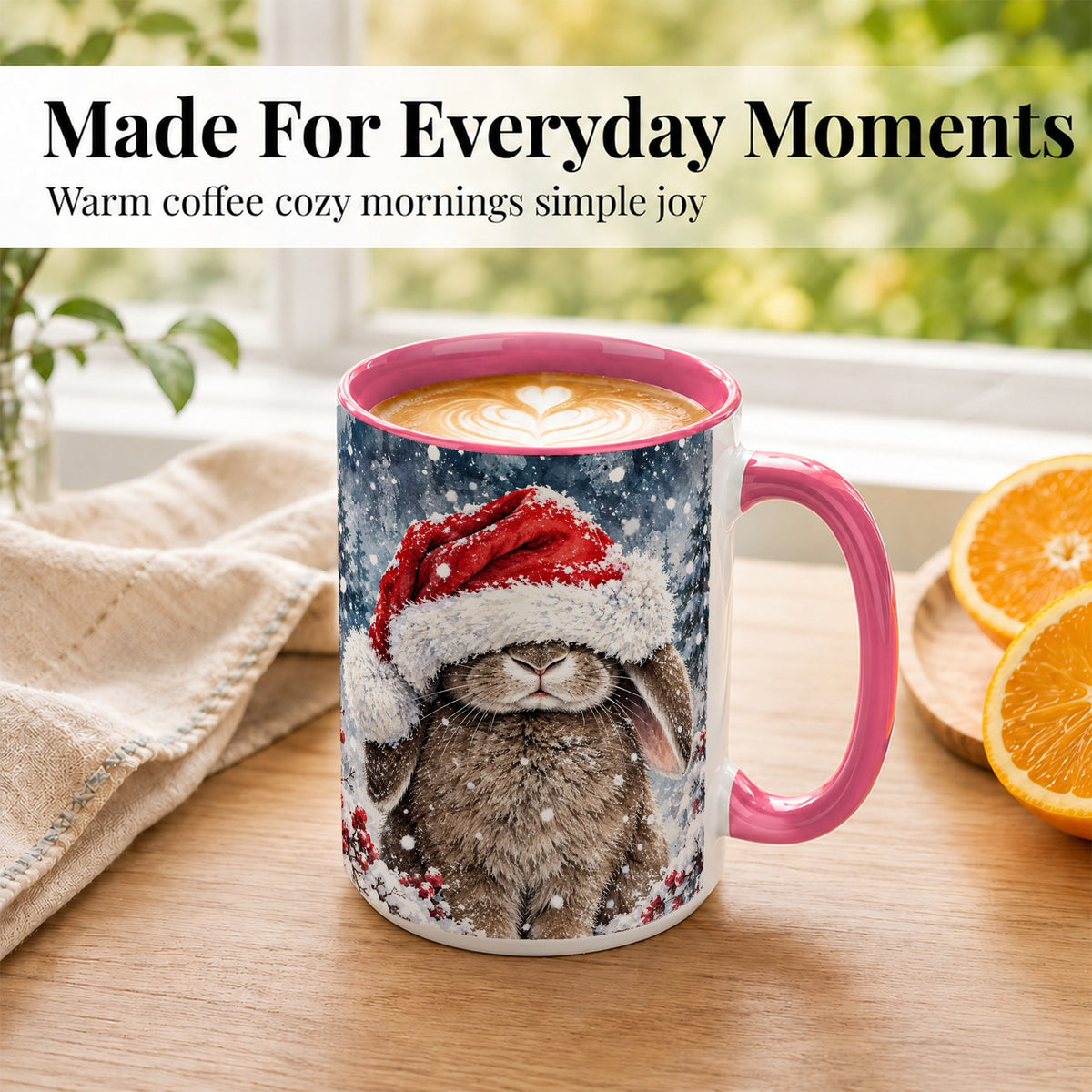 #pl[15oz|Pink] Christmas Bunny Coffee Mug, Snowy Rabbit Mug, Ceramic Cup