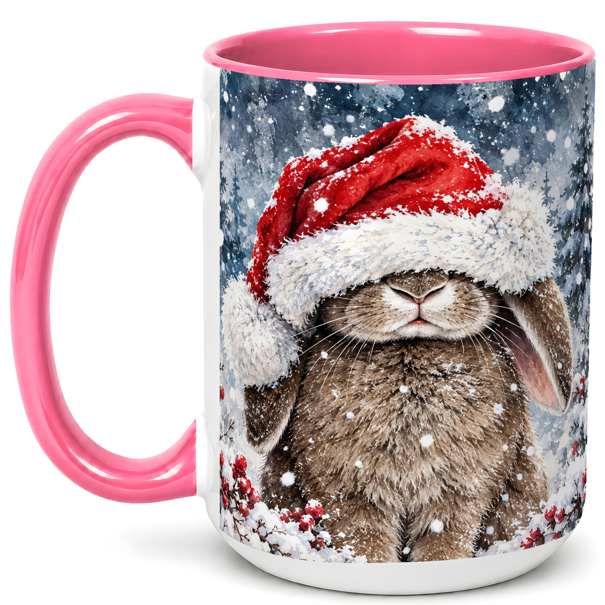 #pl[15oz|Pink] Christmas Bunny Coffee Mug, Snowy Rabbit Mug, Ceramic Cup