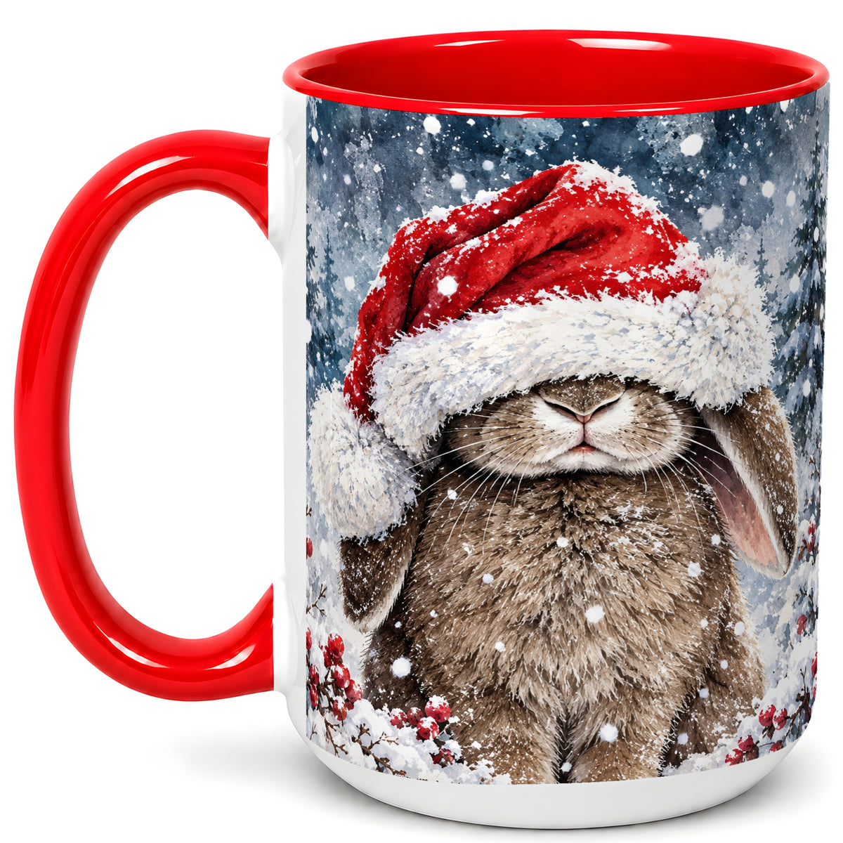 #pl[15oz|Red] Christmas Bunny Coffee Mug, Snowy Rabbit Mug, Ceramic Cup