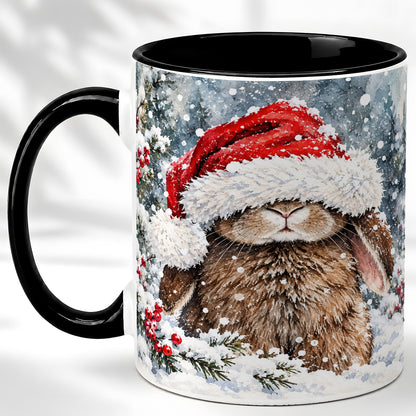 #pl[11oz|Black] Winter Bunny Coffee Mug, Santa Hat Rabbit Mug, Ceramic Cup