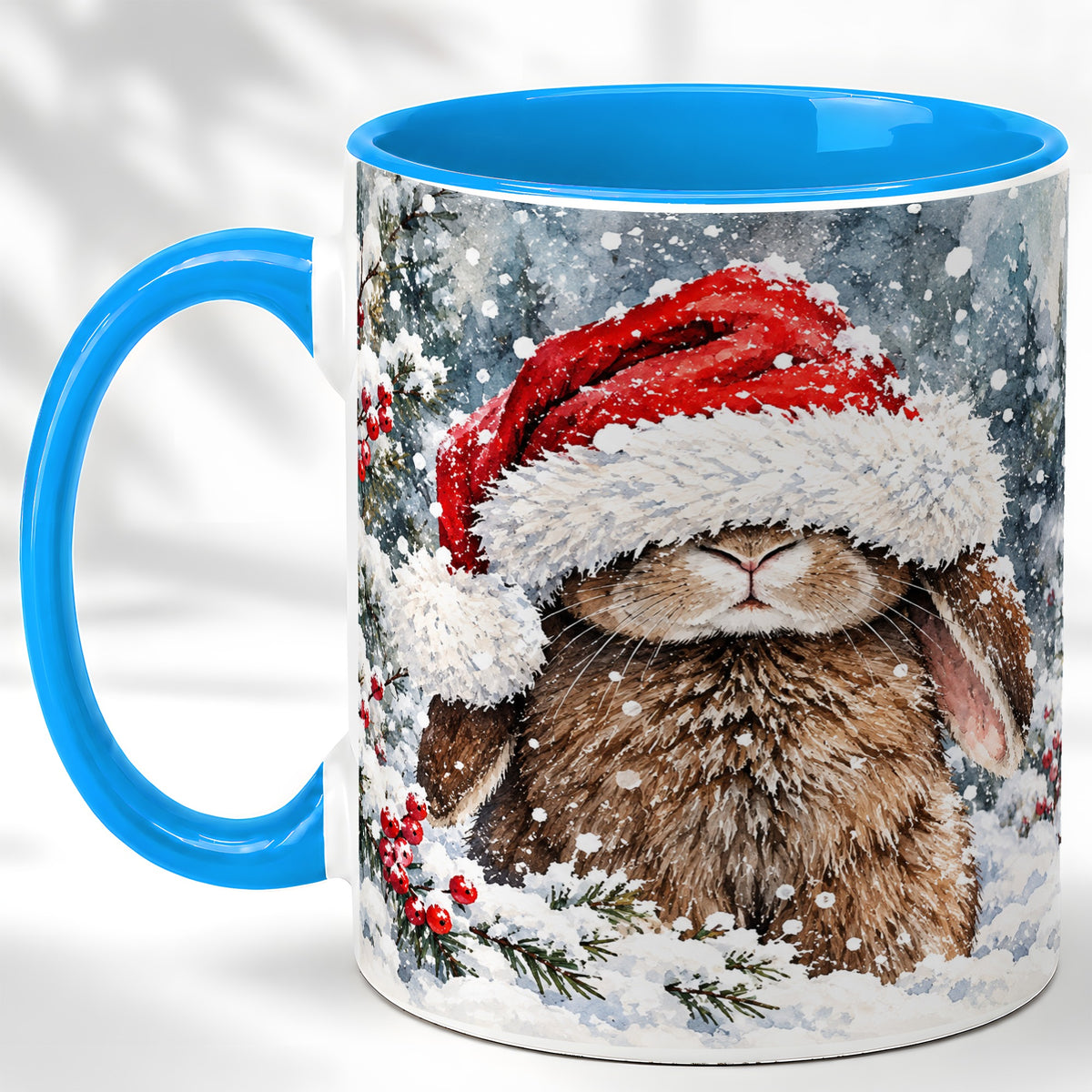 #pl[11oz|Blue] Winter Bunny Coffee Mug, Santa Hat Rabbit Mug, Ceramic Cup