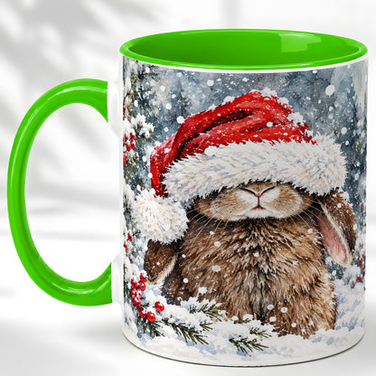 #pl[11oz|Green] Winter Bunny Coffee Mug, Santa Hat Rabbit Mug, Ceramic Cup
