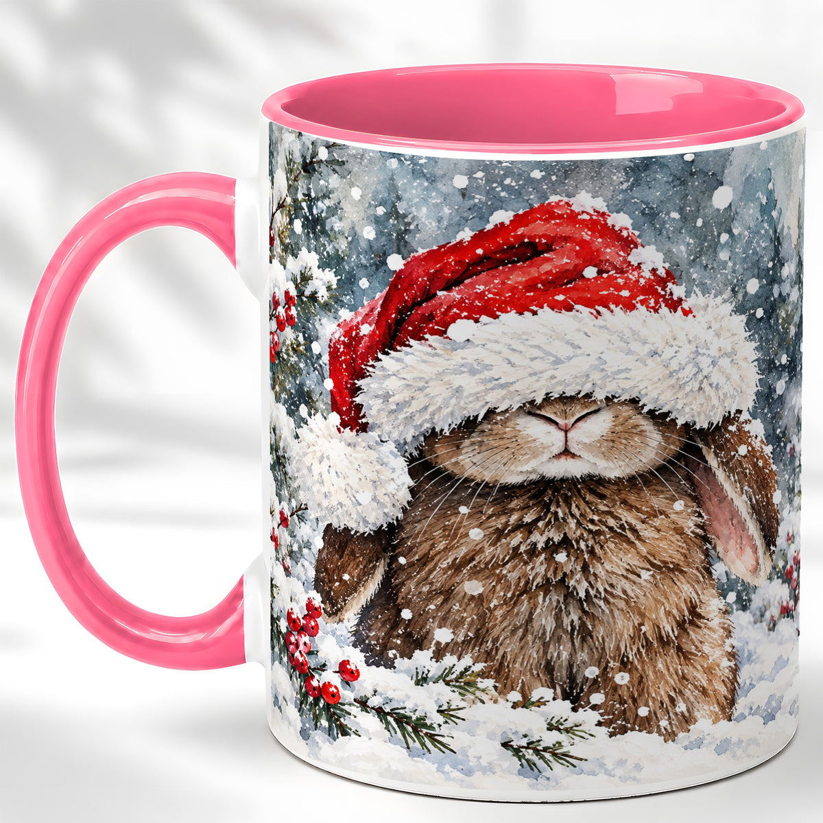 #pl[11oz|Pink] Winter Bunny Coffee Mug, Santa Hat Rabbit Mug, Ceramic Cup