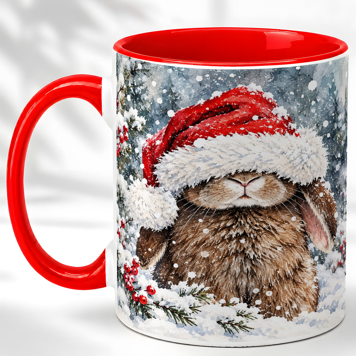 Winter Bunny Coffee Mug, Santa Hat Rabbit Mug, Ceramic Cup