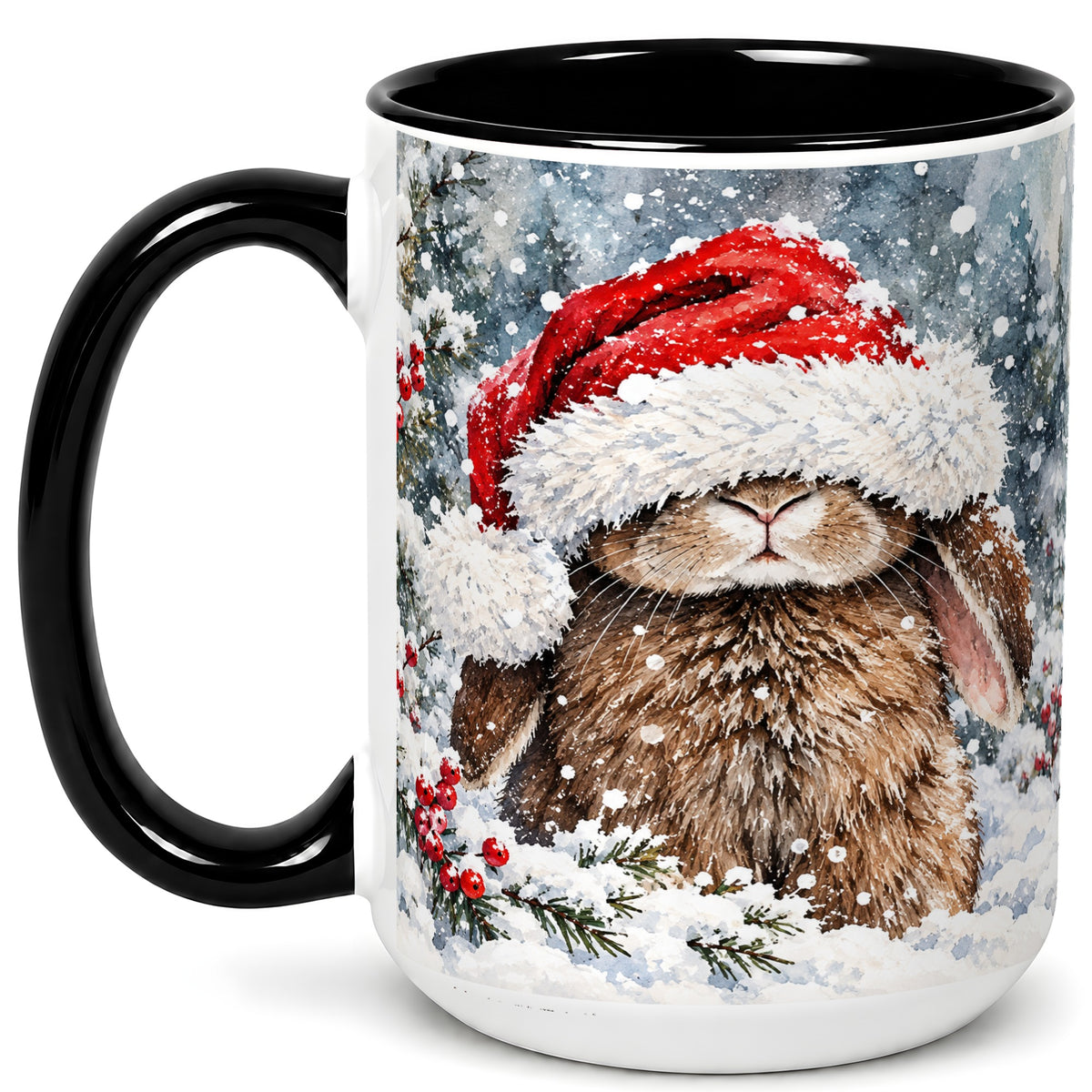 #pl[15oz|Black] Winter Bunny Coffee Mug, Santa Hat Rabbit Mug, Ceramic Cup