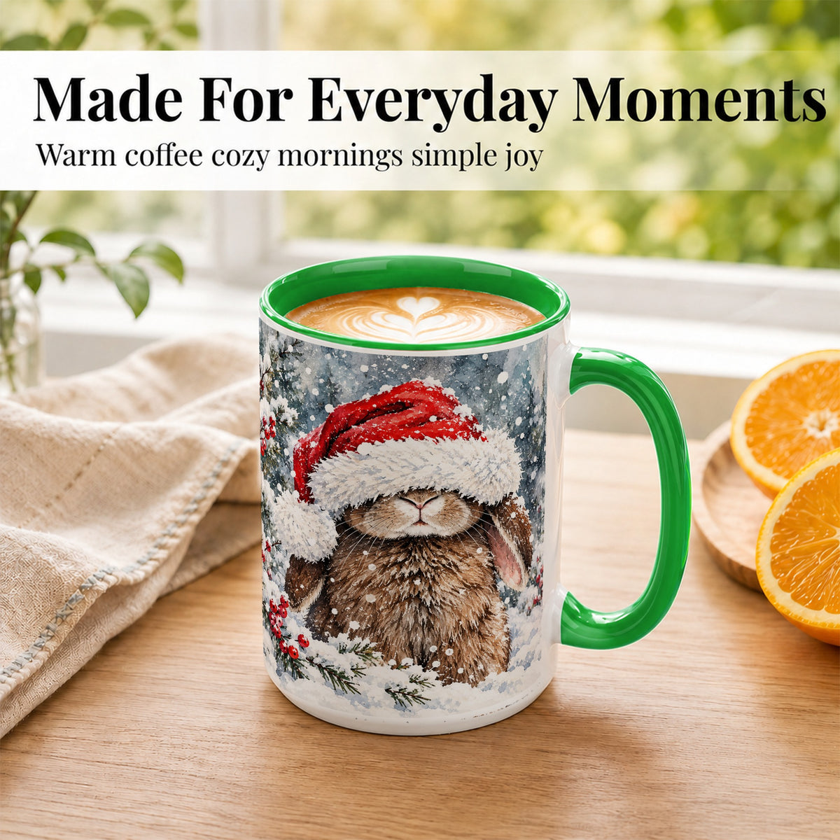 #pl[15oz|Green] Winter Bunny Coffee Mug, Santa Hat Rabbit Mug, Ceramic Cup