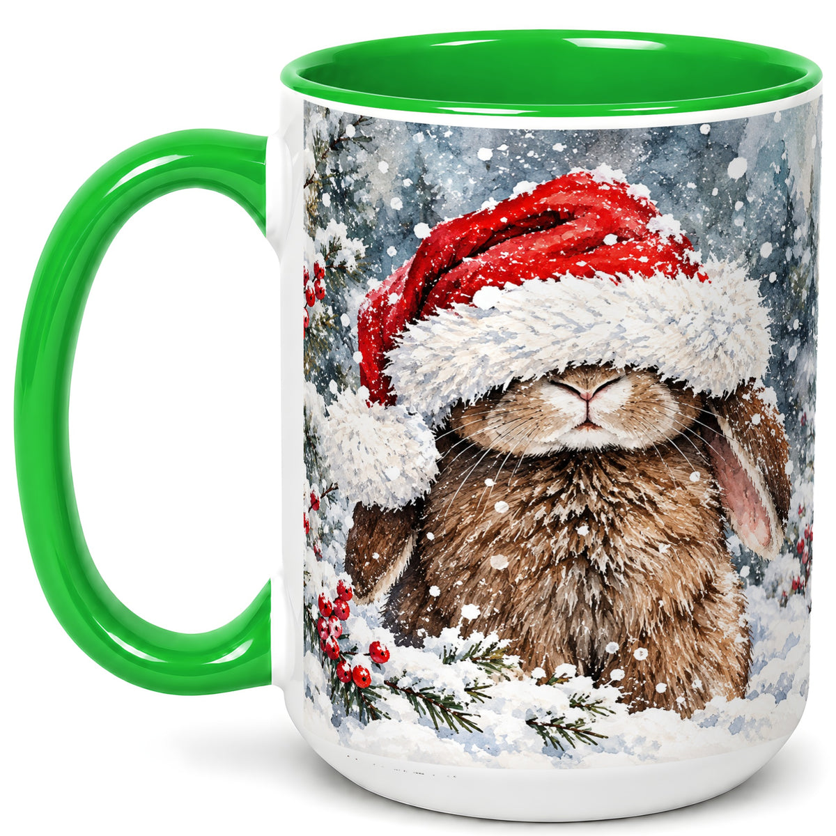 #pl[15oz|Green] Winter Bunny Coffee Mug, Santa Hat Rabbit Mug, Ceramic Cup