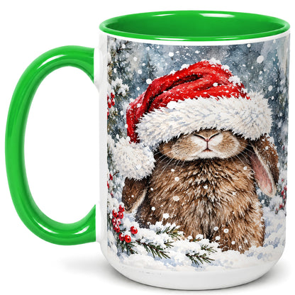 #pl[15oz|Green] Winter Bunny Coffee Mug, Santa Hat Rabbit Mug, Ceramic Cup