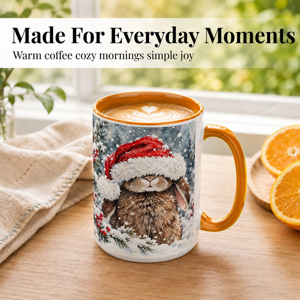 #pl[15oz|Orange] Winter Bunny Coffee Mug, Santa Hat Rabbit Mug, Ceramic Cup