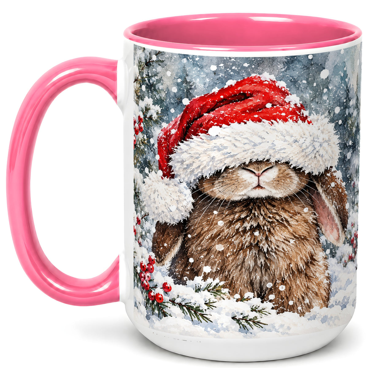 #pl[15oz|Pink] Winter Bunny Coffee Mug, Santa Hat Rabbit Mug, Ceramic Cup