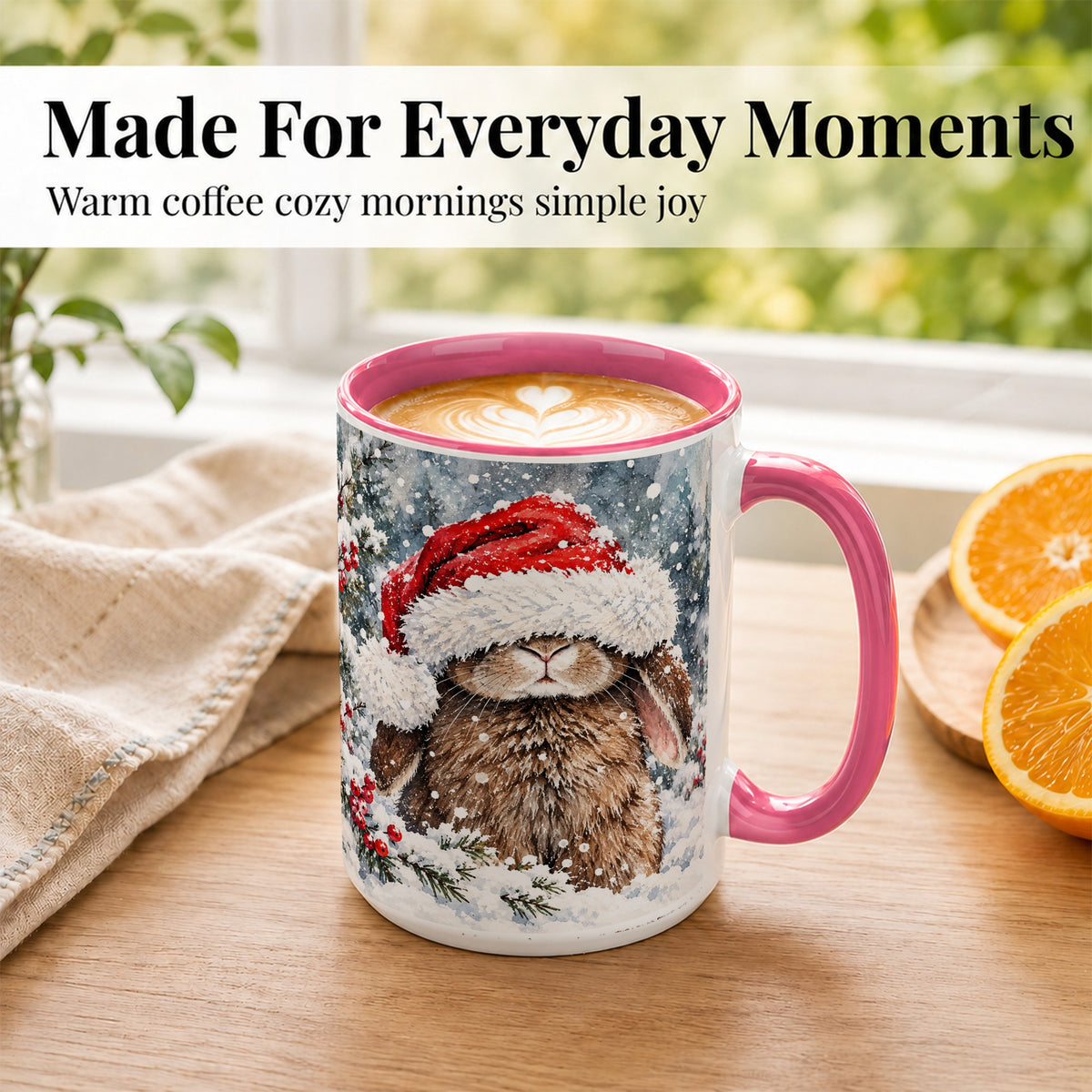 #pl[15oz|Pink] Winter Bunny Coffee Mug, Santa Hat Rabbit Mug, Ceramic Cup
