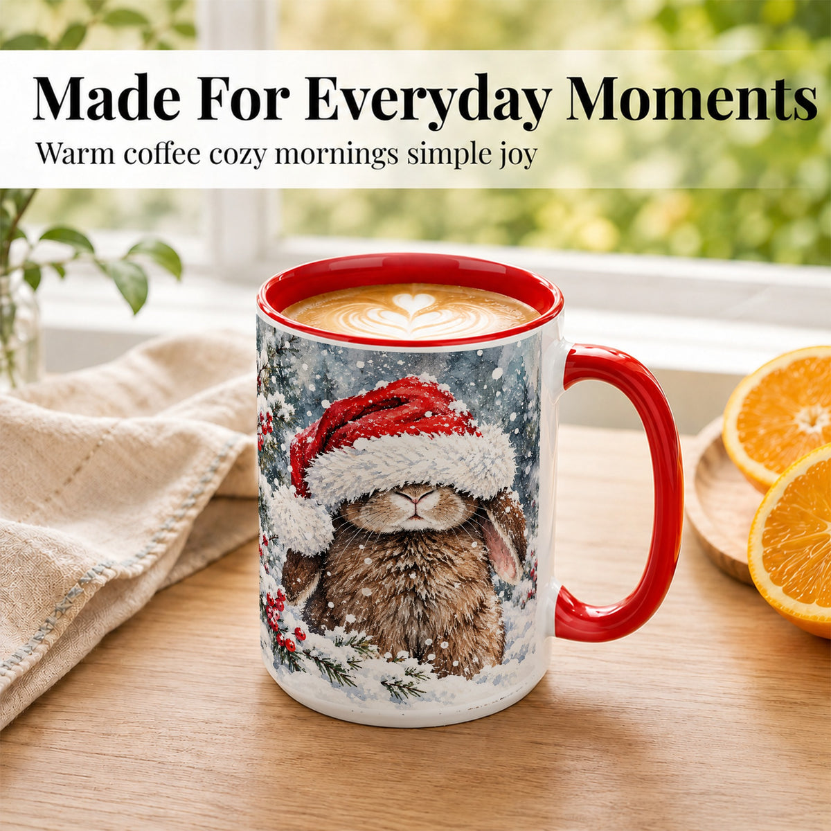 #pl[15oz|Red] Winter Bunny Coffee Mug, Santa Hat Rabbit Mug, Ceramic Cup