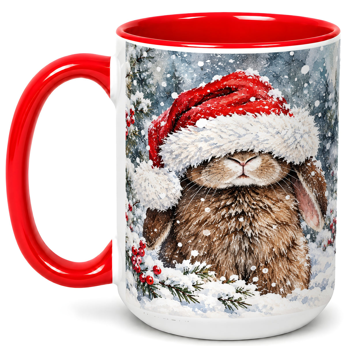 #pl[15oz|Red] Winter Bunny Coffee Mug, Santa Hat Rabbit Mug, Ceramic Cup