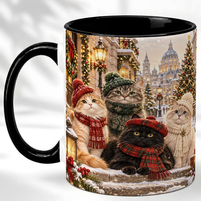 #pl[11oz|Black] Christmas Cats Coffee Mug, Winter Cat Group Mug, Ceramic Cup