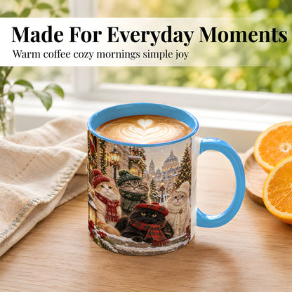 #pl[11oz|Blue] Christmas Cats Coffee Mug, Winter Cat Group Mug, Ceramic Cup