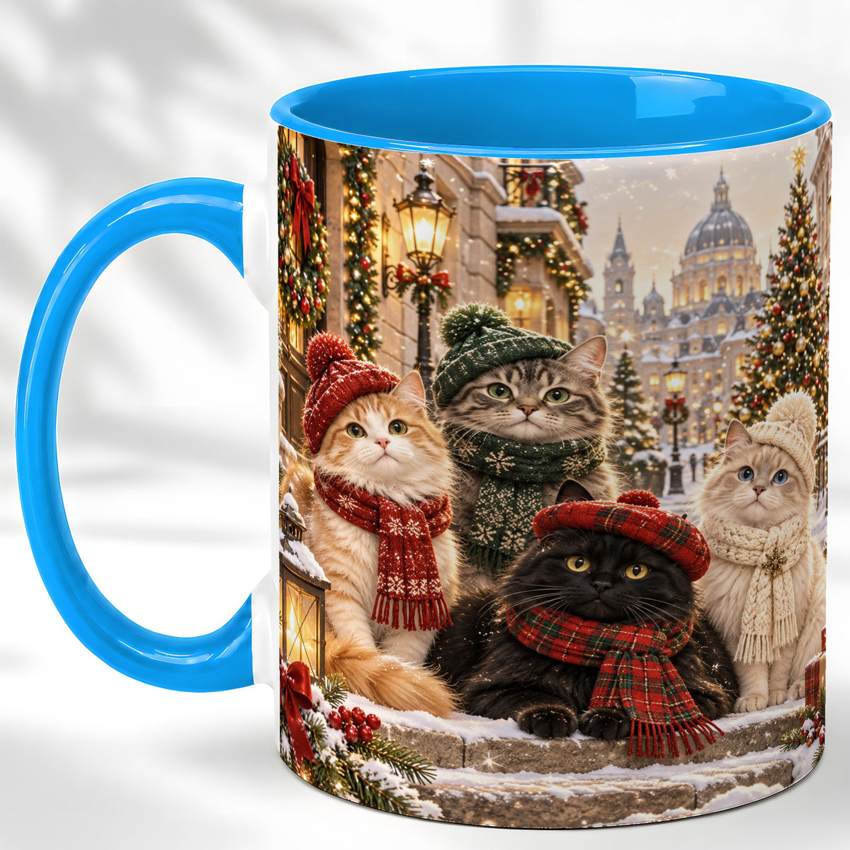 #pl[11oz|Blue] Christmas Cats Coffee Mug, Winter Cat Group Mug, Ceramic Cup