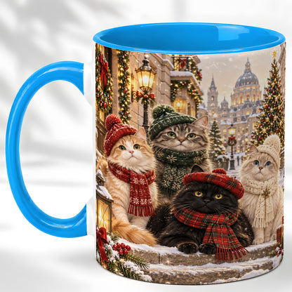 #pl[11oz|Blue] Christmas Cats Coffee Mug, Winter Cat Group Mug, Ceramic Cup