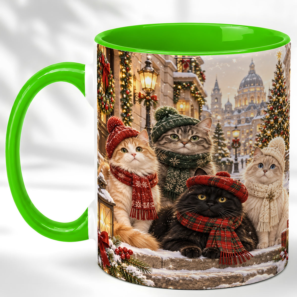 #pl[11oz|Green] Christmas Cats Coffee Mug, Winter Cat Group Mug, Ceramic Cup