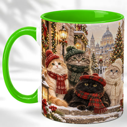 #pl[11oz|Green] Christmas Cats Coffee Mug, Winter Cat Group Mug, Ceramic Cup