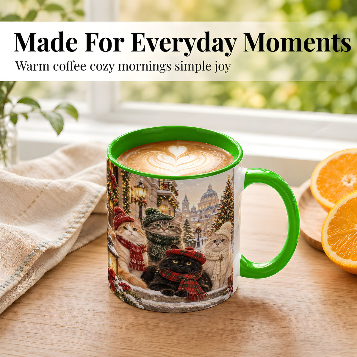 #pl[11oz|Green] Christmas Cats Coffee Mug, Winter Cat Group Mug, Ceramic Cup