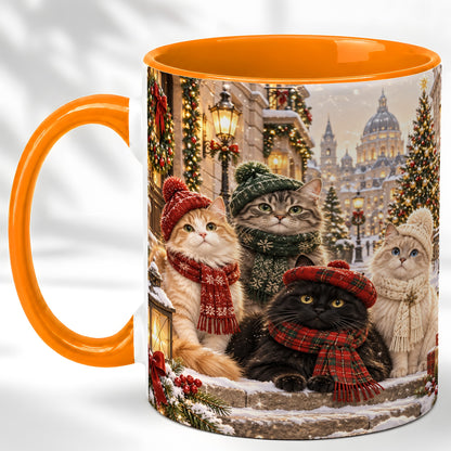 #pl[11oz|Orange] Christmas Cats Coffee Mug, Winter Cat Group Mug, Ceramic Cup