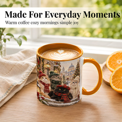 #pl[11oz|Orange] Christmas Cats Coffee Mug, Winter Cat Group Mug, Ceramic Cup