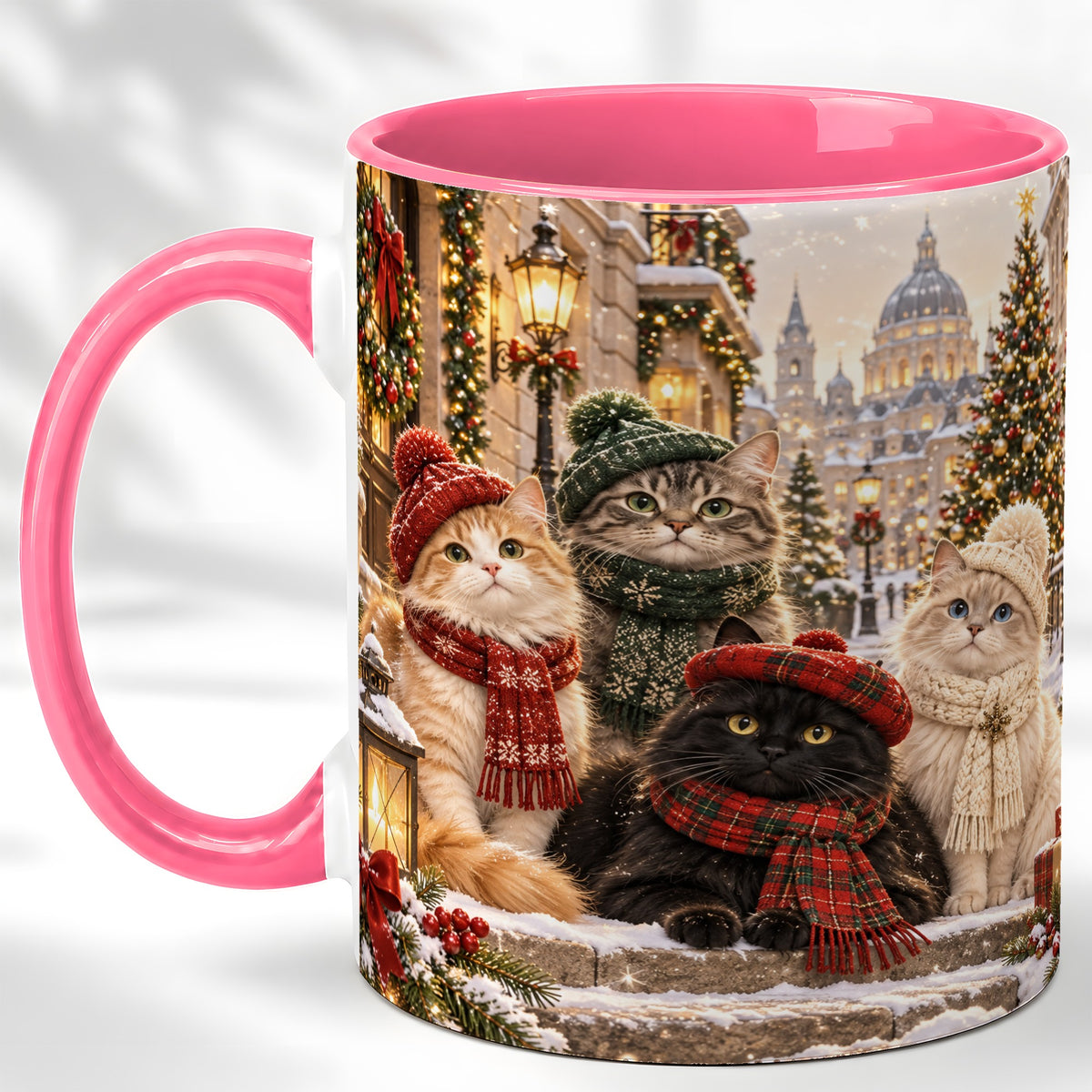 #pl[11oz|Pink] Christmas Cats Coffee Mug, Winter Cat Group Mug, Ceramic Cup