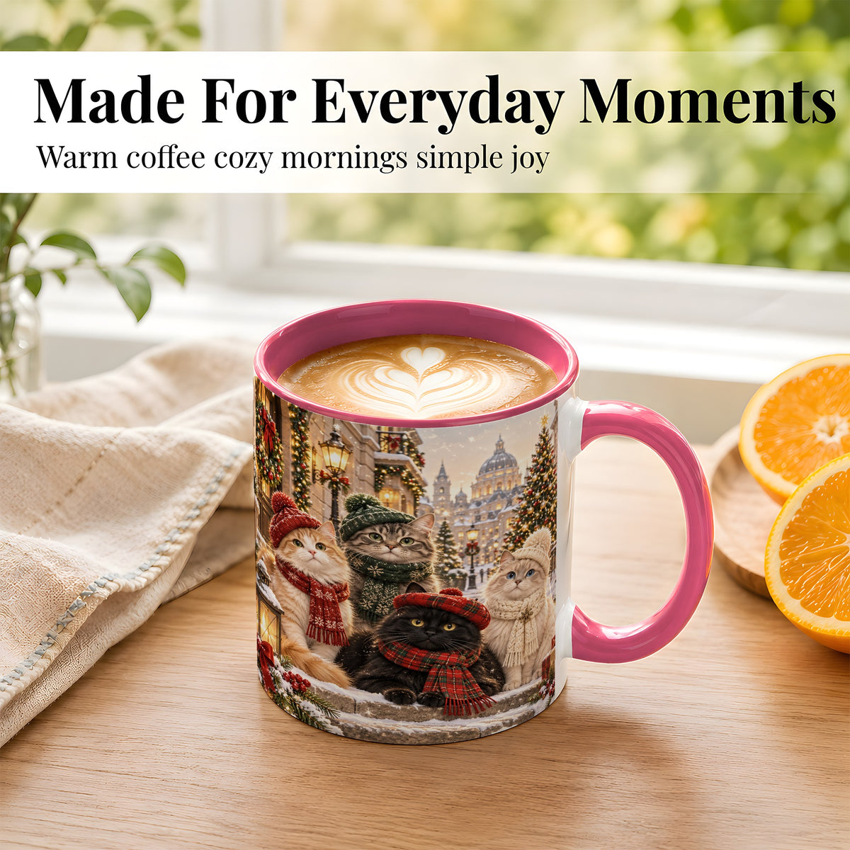 #pl[11oz|Pink] Christmas Cats Coffee Mug, Winter Cat Group Mug, Ceramic Cup