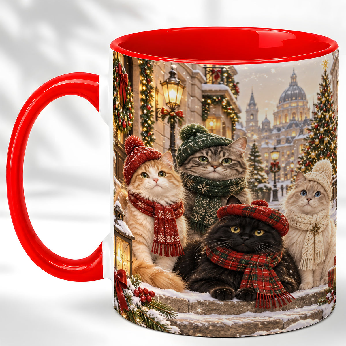 Christmas Cats Coffee Mug, Winter Cat Group Mug, Ceramic Cup