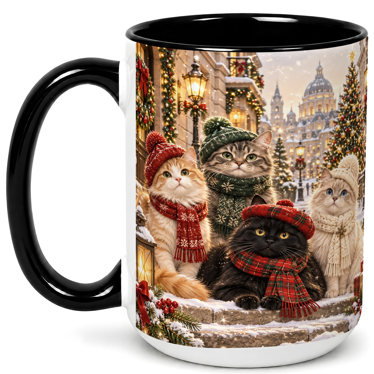#pl[15oz|Black] Christmas Cats Coffee Mug, Winter Cat Group Mug, Ceramic Cup
