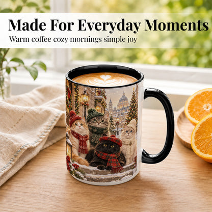 #pl[15oz|Black] Christmas Cats Coffee Mug, Winter Cat Group Mug, Ceramic Cup