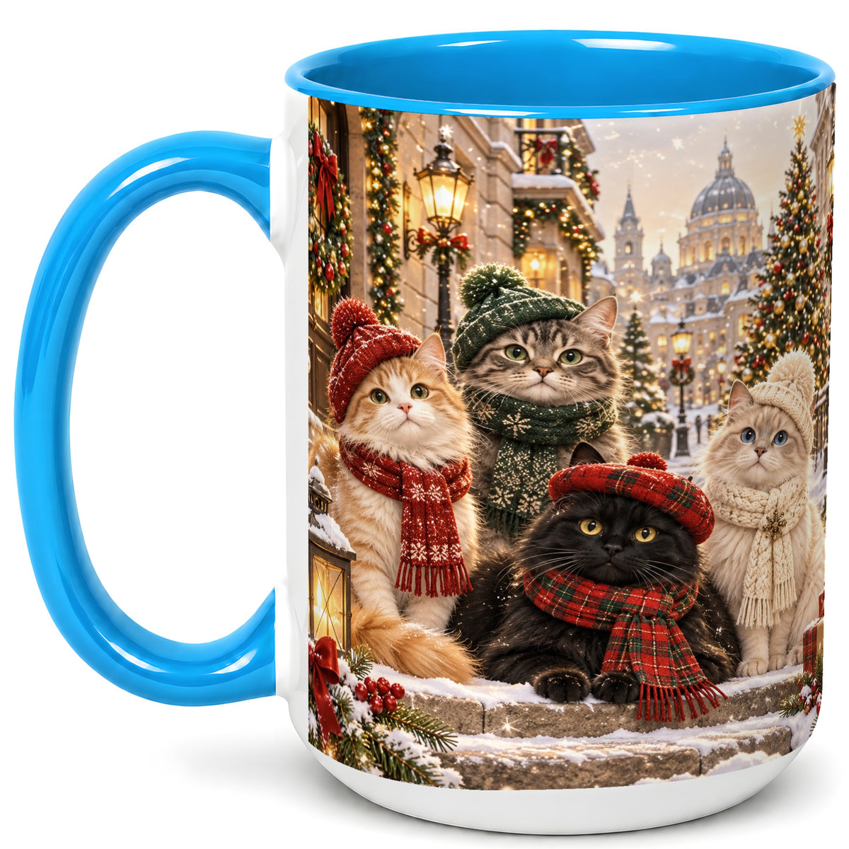 #pl[15oz|Blue] Christmas Cats Coffee Mug, Winter Cat Group Mug, Ceramic Cup