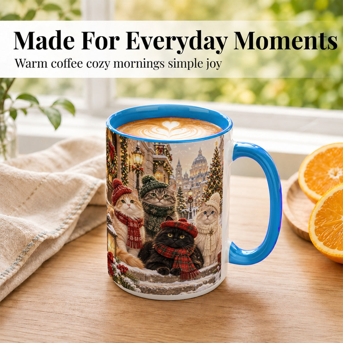 #pl[15oz|Blue] Christmas Cats Coffee Mug, Winter Cat Group Mug, Ceramic Cup