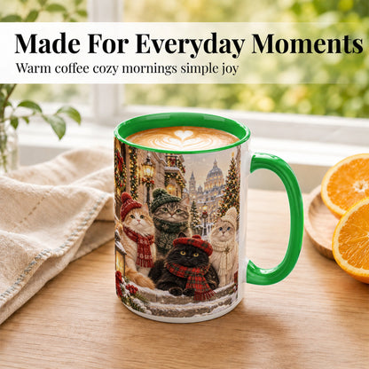 #pl[15oz|Green] Christmas Cats Coffee Mug, Winter Cat Group Mug, Ceramic Cup