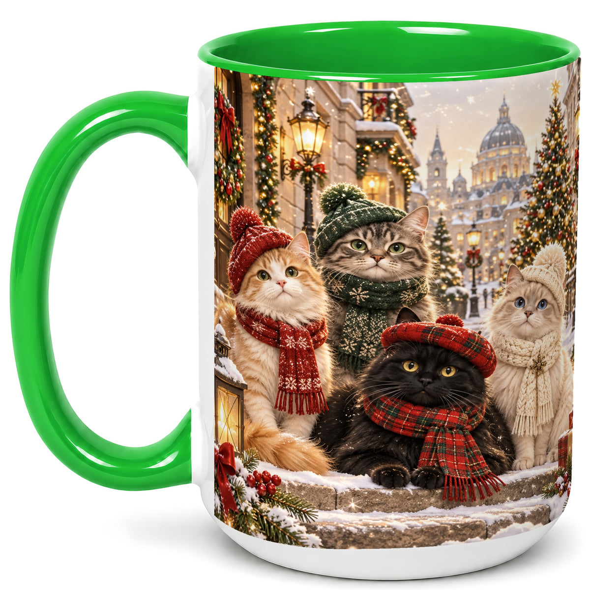 #pl[15oz|Green] Christmas Cats Coffee Mug, Winter Cat Group Mug, Ceramic Cup