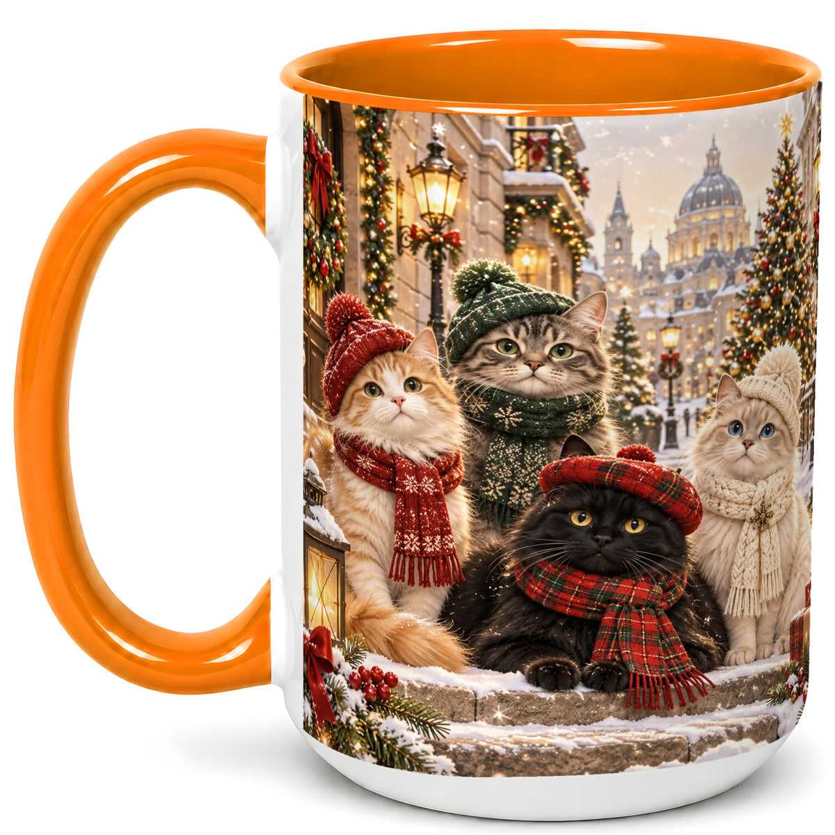 #pl[15oz|Orange] Christmas Cats Coffee Mug, Winter Cat Group Mug, Ceramic Cup