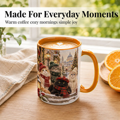 #pl[15oz|Orange] Christmas Cats Coffee Mug, Winter Cat Group Mug, Ceramic Cup