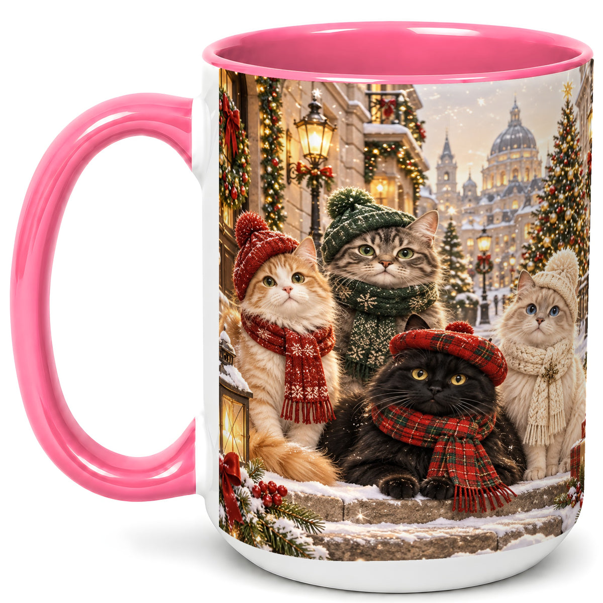 #pl[15oz|Pink] Christmas Cats Coffee Mug, Winter Cat Group Mug, Ceramic Cup